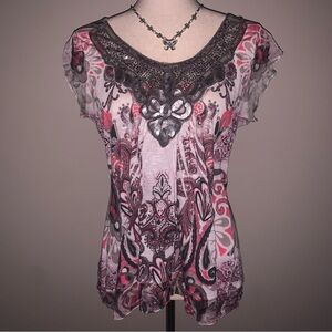 2000s Pink Paisley Print Blouse Sequin Neckline